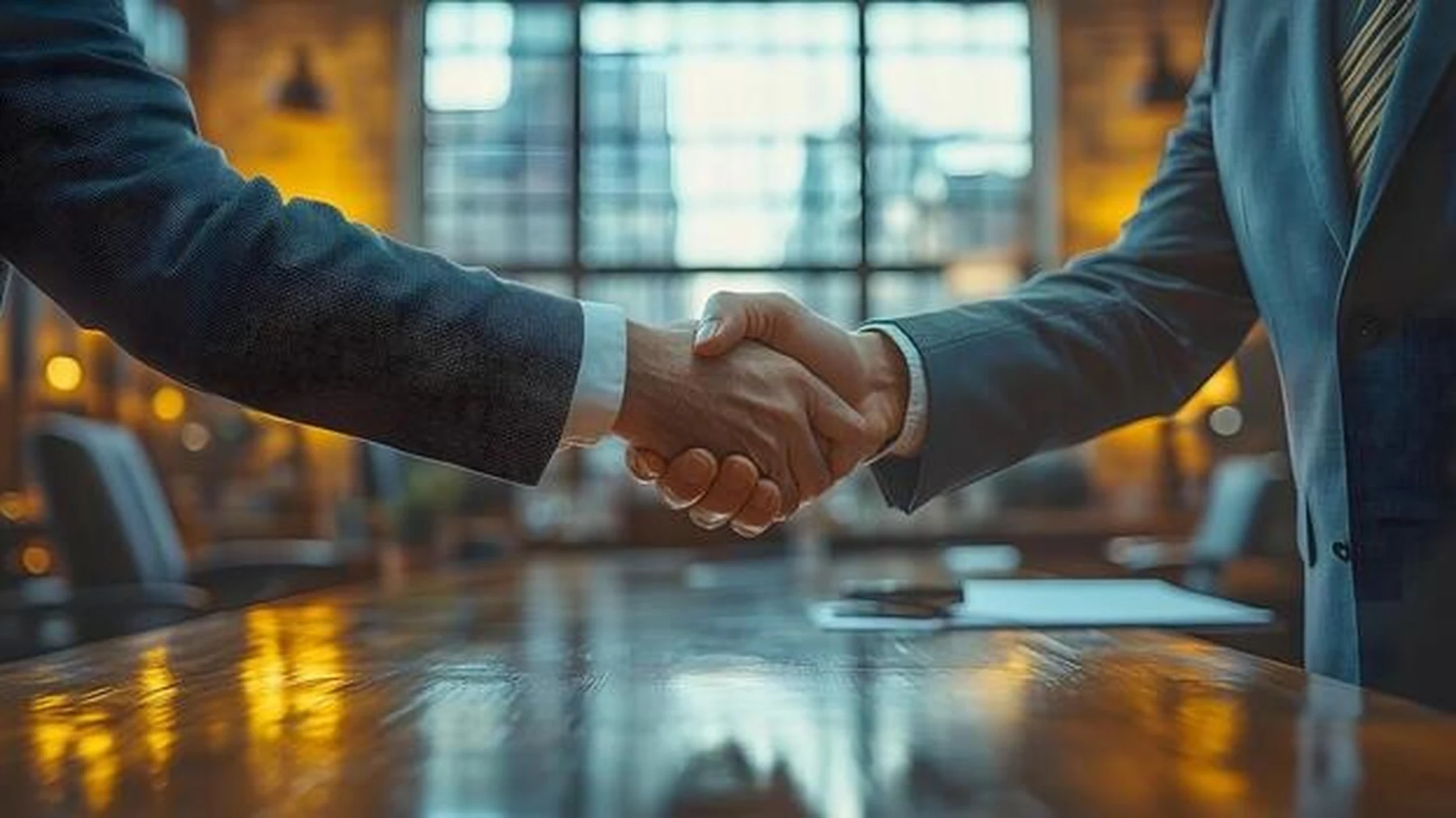 مصافحة تعقد شراكة بين المجموعة الاستشارية للتأمين وأحد عملائها من الشركات داخل قاعة الاجتماعات